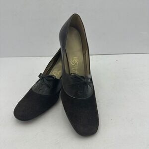 Air Step Vintage‎ Brown Leather Suede Lace Up Bow Block Heel Pumps Womens 7 AAAA
